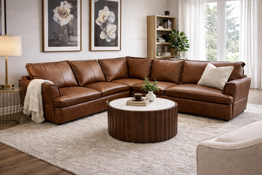 HLHF Volcano Brown Leather Sectional Living, New Arrivals Furniture Store Burlington Ontario Near Me