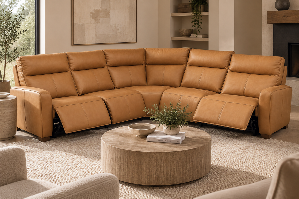 HLHF Aline Butternut Leather Electric Motion Sectional Living, New Arrivals Furniture Store Burlington Ontario Near Me 