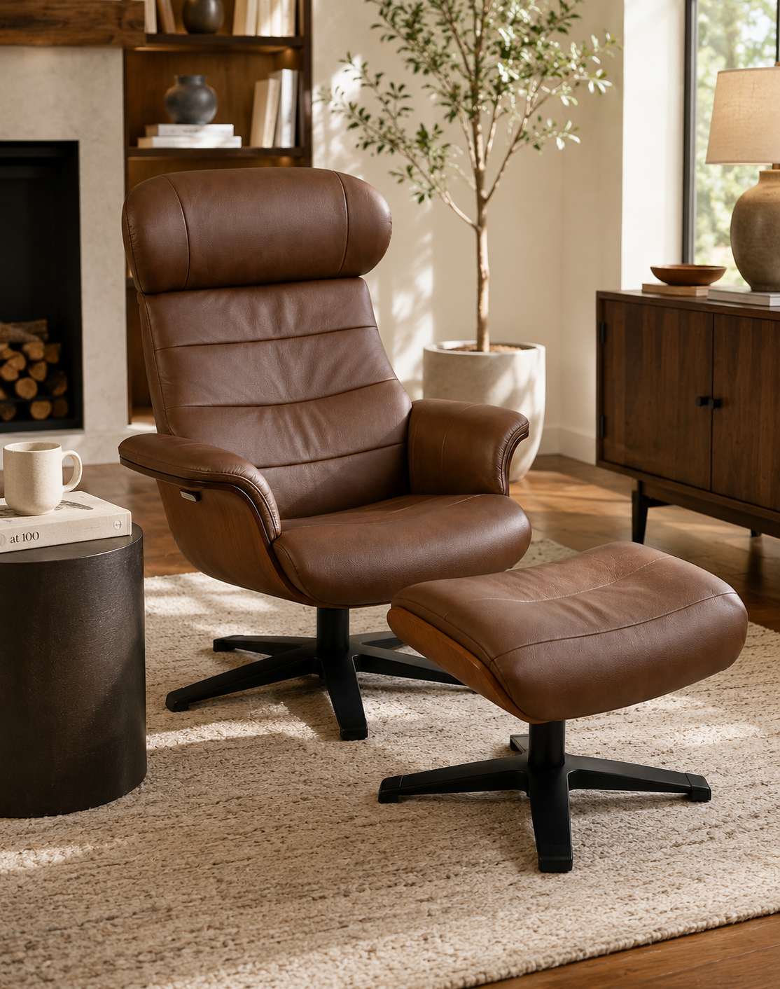 HLHF Arch Leather Lounge Accent Chair & Ottoman - Brown Accent Chairs Furniture Store Burlington Ontario Near Me 
