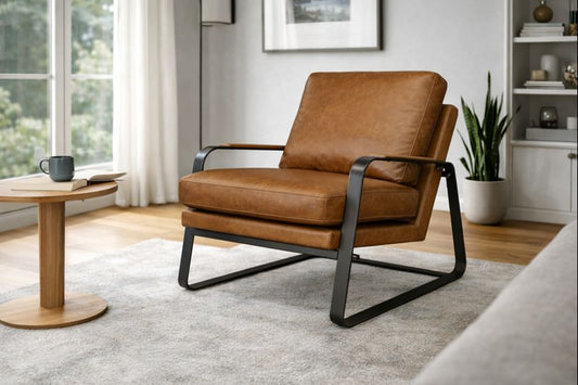 HLHF Tinny Leather  Accent Chair - Deep Tan - Floor Model Accent Chairs, Living Furniture Store Burlington Ontario Near Me 