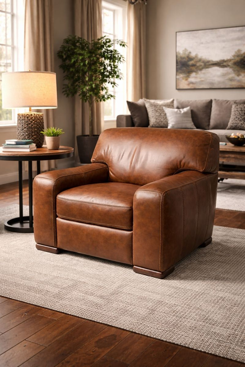 HLHF Pecan Leather Chair - Floor Model Accent Chairs, Living, Sale Furniture Store Burlington Ontario Near Me 