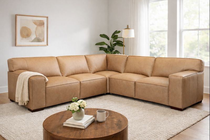 HLHF Maestro Camel Leather Sectional Living, New Arrivals Furniture Store Burlington Ontario Near Me 