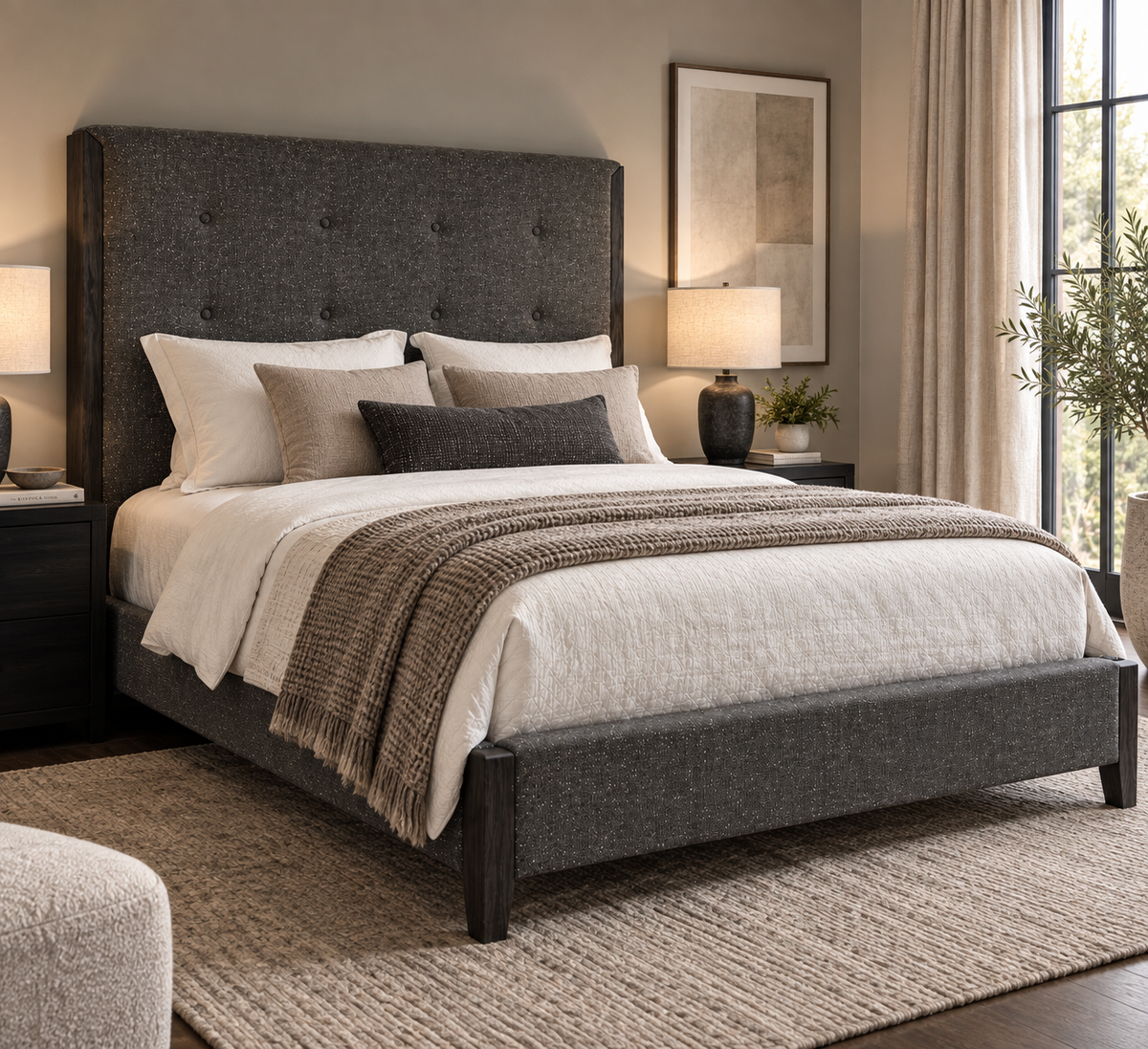 HLHF Charcoal Upholstered Queen Bed Bedroom, Sale Furniture Store Burlington Ontario Near Me 